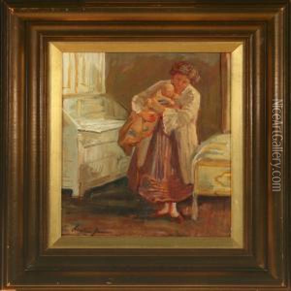 Interior With Woman And Child Oil Painting - Luplau Janssen