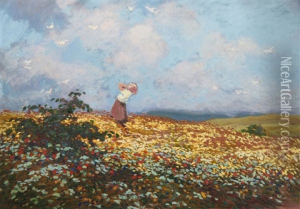 A Girl In A Meadow Oil Painting - Karel Langer