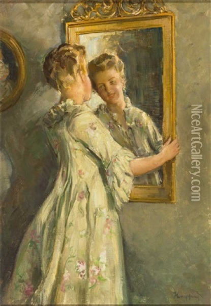 Portrait Einer Sich Im Spiegel Betrachtenden Jungen Frau Oil Painting - Wilhelm Hempfing