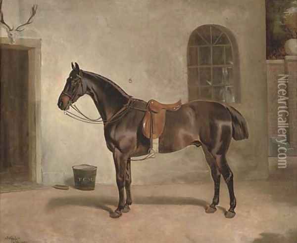 A saddled chestnut hunter outside the stables Oil Painting - John Alfred Wheeler