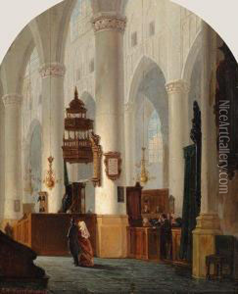 Church Interior Oil Painting - Adrianus Wilhelmus Nieuwenhuyzen