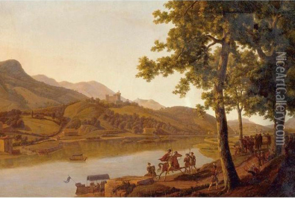 Nobles Disembarking Along The Banks Of A River Oil Painting - Alexandre Louis R. Millin Du Perreux