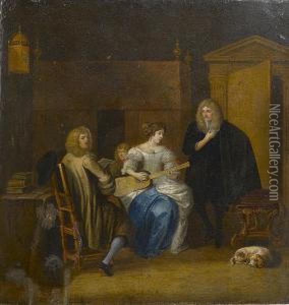 An Elegant Musical Company In An Interior Oil Painting - Hieronymus Janssens