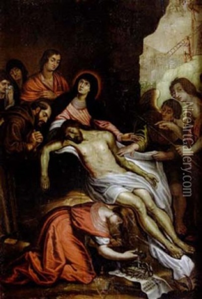 La Deploration Sur Le Christ Mort, Entoure De Saints Et D'anges Oil Painting - Pieter van Mol
