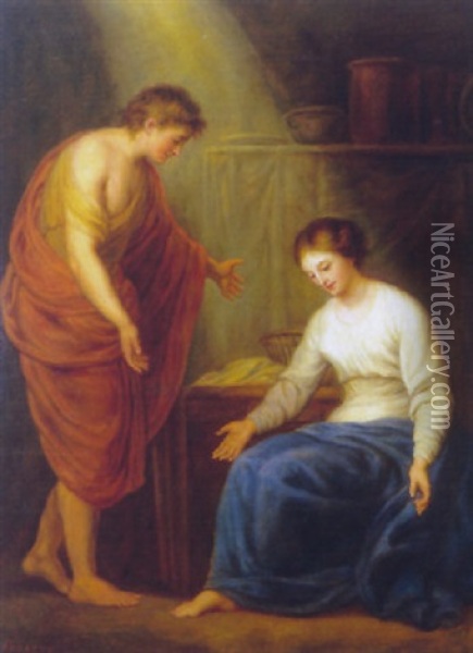 Interior Med Kvinde Og Ung Mand I Klassiske Gevandter Oil Painting - Louis Farasyn