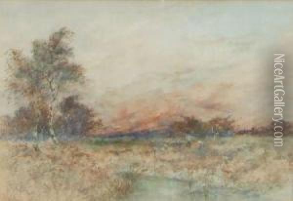Shepherd And Sheep In Landscape At Sunset Oil Painting - Henry Woods