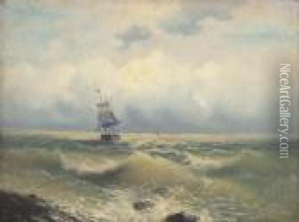 A Two Masted Barque Running Along The Coast Oil Painting - Ivan Konstantinovich Aivazovsky