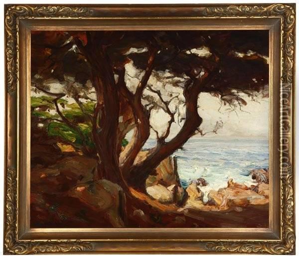 Trees In A Carmel Coastal View Oil Painting - Jean Mannheim