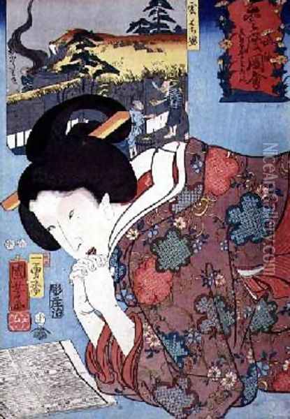 A Honey Shop and a married woman looking at a calendar Oil Painting - Utagawa Kuniyoshi