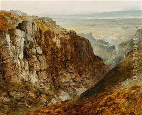 Landskab Med Klipper. I Forgrunden En Farehyrde Oil Painting - Edmund John Niemann