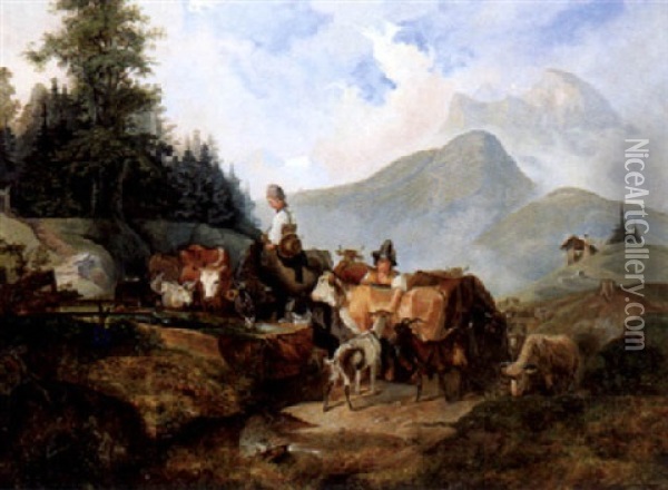 Viehherde Mit Zwei Sennerinnen Auf Der Alm Oil Painting - Johann Baptist Isenring