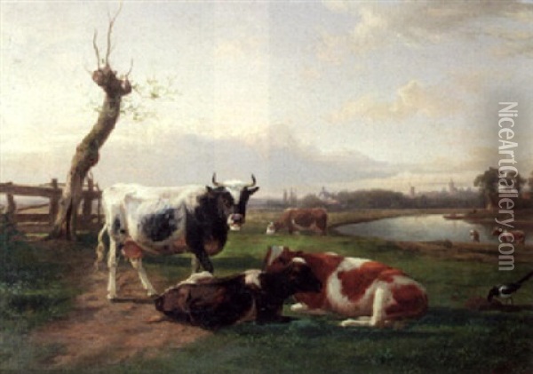Watering Cows Oil Painting - Henry Lot