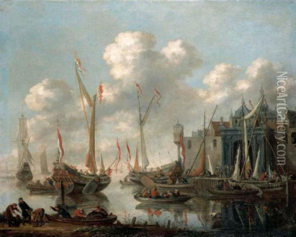 A Dutch Harbour Scene Oil Painting - Thomas Heeremans