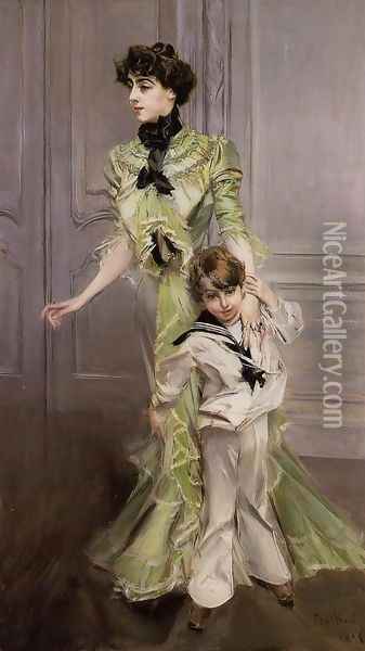Portrait Of Madame Georges Hugo (nee Pauleen Menard Dozian) And Her Son Jean Oil Painting - Giovanni Boldini