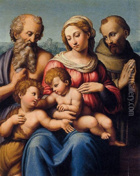 Madonna And Child With The Infant Baptist And Saints Jerome And Francis Oil Painting - Innocenzo di Pietro (da Imola) Francucci