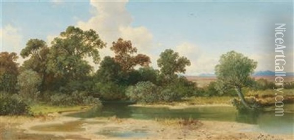 Open Landscape With The Alpine Foothills And Stream Oil Painting - August Albert Zimmermann