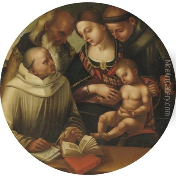 The Madonna And Child With Saints Bernard (?), Anthony Of Padua And John The Evangelist (?)(collab. W/studio) Oil Painting - Luca Signorelli
