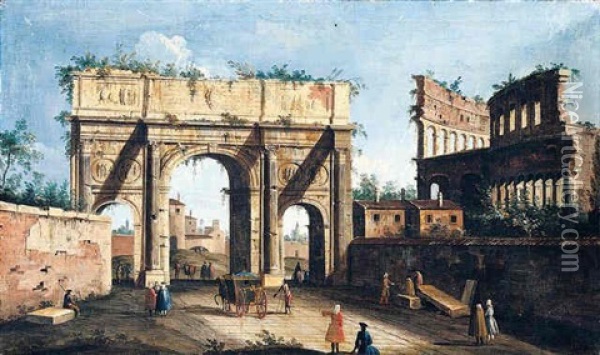 Rome, A View Of The Arch Of Constantine, With The Colosseum In The Right Background Oil Painting -  Master of the Langmatt Foundation Views