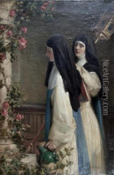 Two Nuns In A Cloister Oil Painting - Talbot Hughes