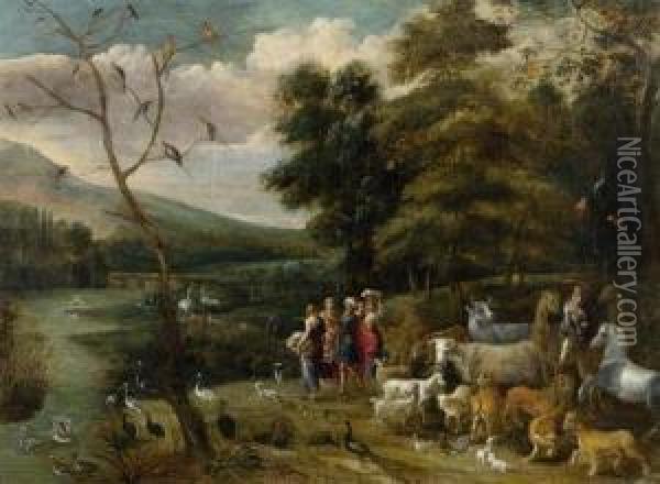 Noa Versammelt Sich Mit Seiner Familie Und Den Tieren Vor Der Sintflut. Oil Painting - Lambert de Hondt