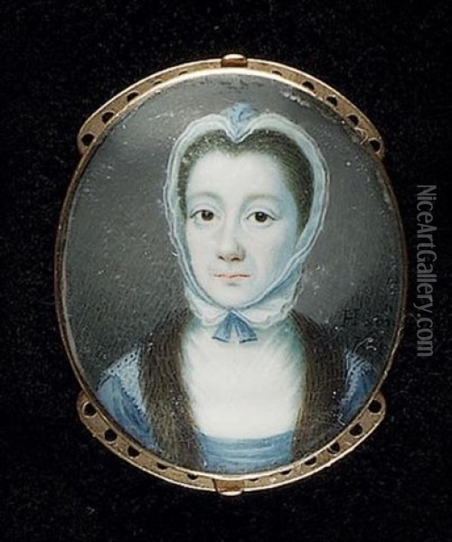 A Lady Wearing Blue Dress, White Fichu, Lace Shoulder Caps, Fur Stole And White Bonnet Tied Under Her Chin With A Blue Ribbon Oil Painting - Gustavus Hamilton