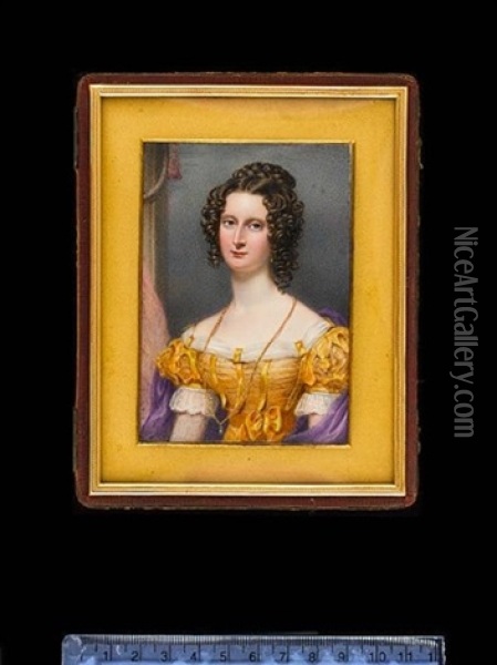 A Lady, Wearing Yellow Dress With Short Puffed Sleeves And Lavishly Trimmed With Ribbon And Lace, A Purple Shawl Passed Around Her Shoulders, Gold Necklace, Her Brown Hair Plaited And Curled Oil Painting - George Hargreaves