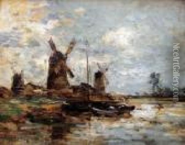 Windmuhlen Am Ufer Mit Booten Oil Painting - Johan Barthold Jongkind