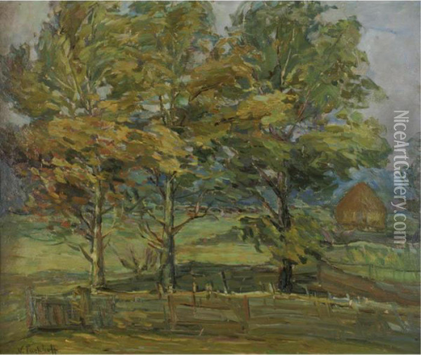 Landscape With Trees And Haystack Oil Painting - Nicolas Tarkhoff