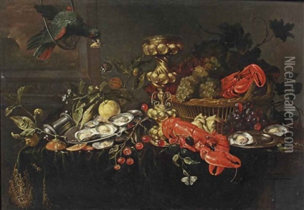 A Lobster, Oysters On A Pewter Dish, Cherries, Oranges And Grapes In A Wicker Basket, Butterflies And A Bird Hanging Over A Fully Draped Table Oil Painting - Jan Davidsz De Heem