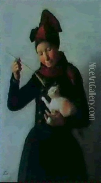 En Pige Legende Med Katte- Killing Oil Painting - Johann Julius Exner
