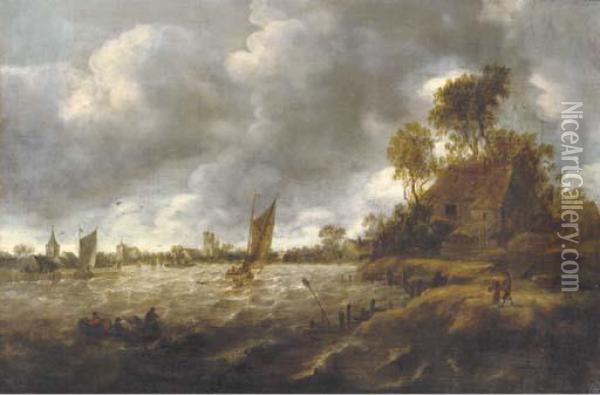 A River Landscape With Sailing Vessels In Rough Waters Oil Painting - Jan van Goyen