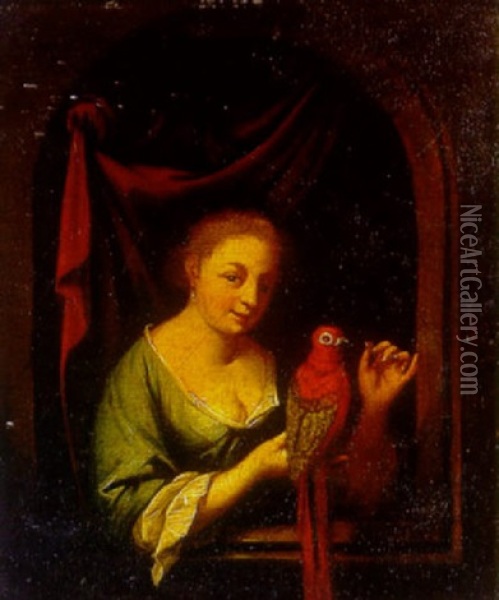 A Woman With A Parrot At A Windowsill Oil Painting - Frans van Mieris the Elder