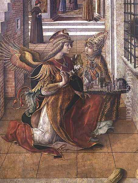 The Annunciation with St. Emidius, detail of the archangel Gabriel with the saint, 1486 Oil Painting - Carlo Crivelli