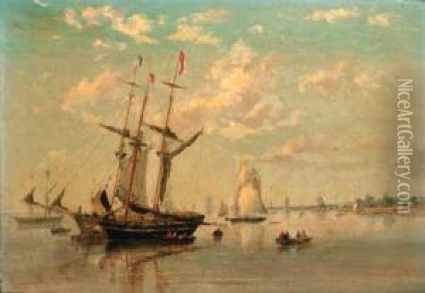 Schooners At Their Moorings Before A Low Countries Port Oil Painting - Condy, Nicholas Matthews