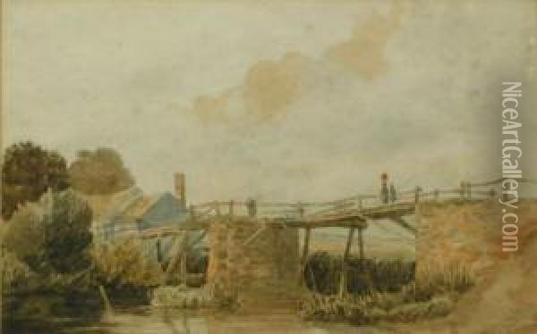 A Landscape With Figures On A Bridge Oil Painting - Cornelius Varley
