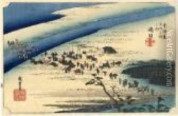 Les 53 Stations Du Tokaido, Shimada, Oi-gawa Shungan Oil Painting - Utagawa or Ando Hiroshige