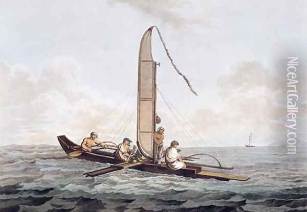 A Sailing Canoe of Otaheite, from Views in the South Seas, pub. 1792 Oil Painting - John Webber