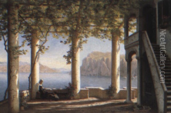 A Sunny Terrace In Amalfi Oil Painting - Eiler Rasmussen Eilersen