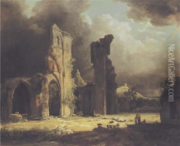 The Ruins Of Glastonbury Abbey, With Figures And Livestock In The Foreground, And Glastonbury Tor Beyond Oil Painting - George Arnald