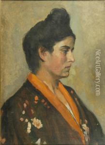 Ritratto Femminile In Kimono Oil Painting - Angiolo Tommasi