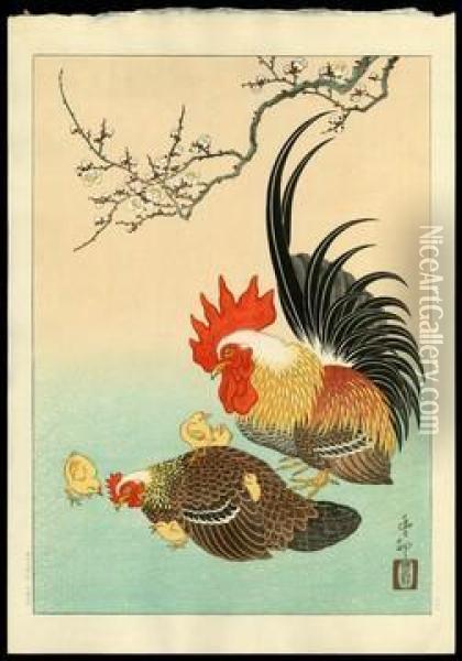 Rooster And Hen Oil Painting - Ohara Koson