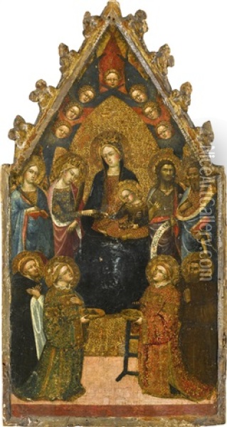The Madonna And Child Enthroned, Flanked By Saints, With The Mystic Marriage Of Saint Catherine Oil Painting - Gregorio di Cecco da Lucca