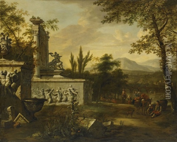 Italienskt Ruinlandskap Med Figurer Oil Painting - William Gowe Ferguson