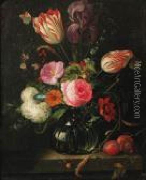 Tulips, Roses, Ears Of Corn, 
Snowballs And Other Flowers In A Glassvase With A Branch Of Plums On A 
Stone Ledge, Butterflies Andsnails Oil Painting - Abraham Mignon