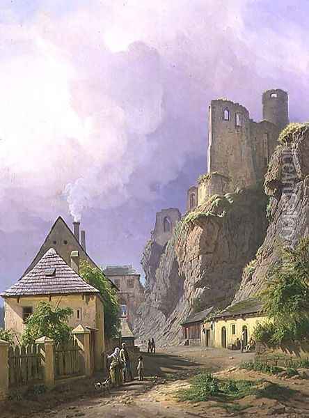 View of the Castle of Strekov with Cottages and Figures, 1845 Oil Painting - Carl Robert Croll