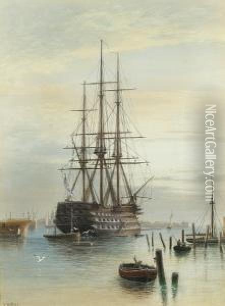 H.m.s. 'victory' Moored In Portsmouth Harbour Oil Painting - Frederick Miller
