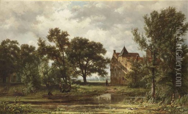 Figures By The Manor House's Heeraartsberg, Bergambacht Oil Painting - Jan Willem Van Borselen