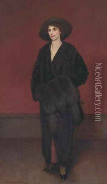 Portrait of a lady, full-length, in a black coat and fur muff Oil Painting - Harrington Bird