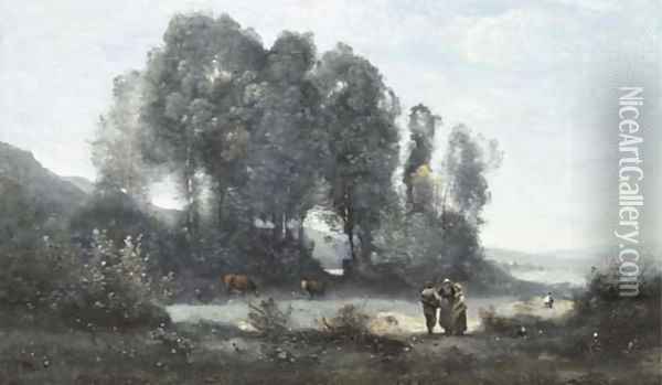 Groupe d'arbres au bord d'un etang avec trois campagnards debout et deux vaches (environs de Ville d'Avray) Oil Painting - Jean-Baptiste-Camille Corot