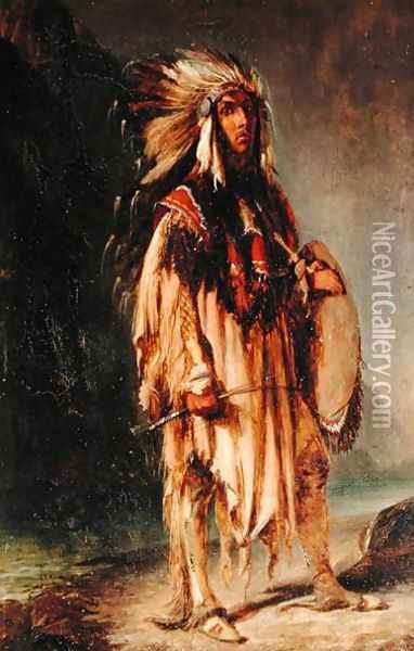 A North American Indian in an Extensive Landscape Oil Painting - William Huggins